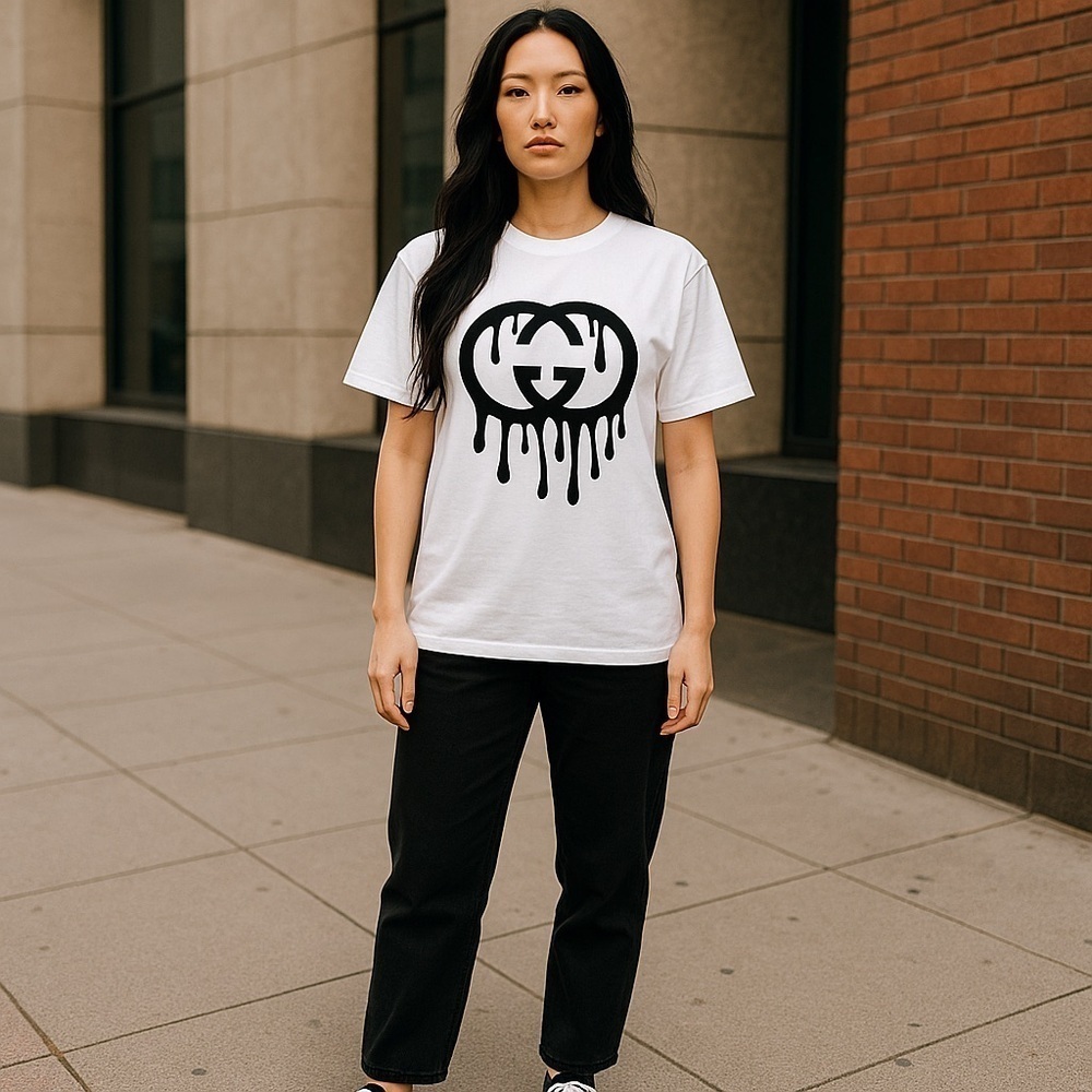 Dripping GG Logo Shirt | Designer Inspired Streetwear Tee | Unisex Black White - Picture 1 of 3